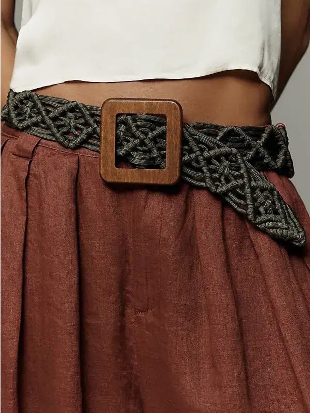 Anthropologie Olive Green Woven Macramé Belt with Coral Beads